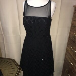 Sandra Darren Black Petite Dress Size 10P Mesh Polka Dot Beaded Party